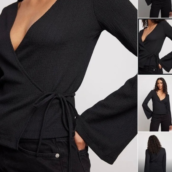 Trouvé Nordstrom Chiffon Wrap Style Long Sleeves Tie Cuffs Black Top Blouse, M - Picture 1 of 7